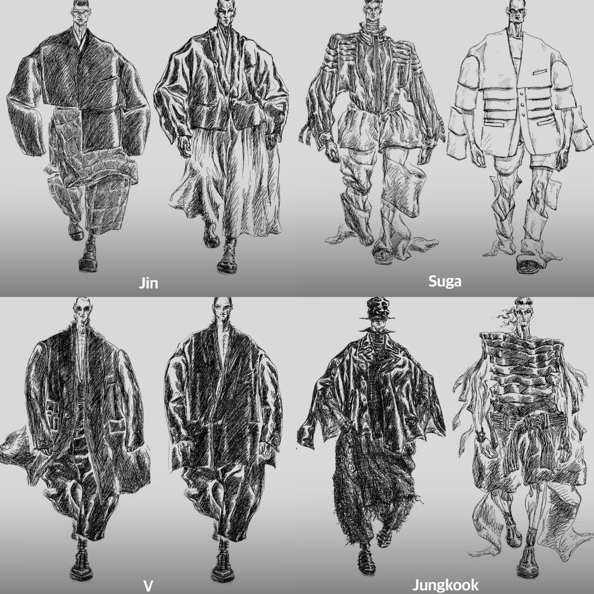 o designer que fez as roupas do bts para esse show revelou que elas são inspiradas no traje tradicional coreano da era joseon, e são baseadas no conceito de “armadura lírica”. as roupas se destacam por interpretar estruturas tradicionais de maneira moderna

JURO QUE LINDO