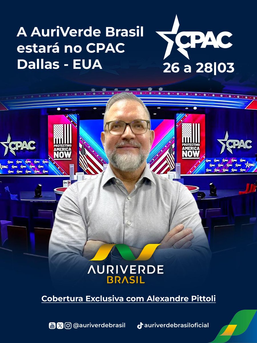 A Auri Verde Brasil será o único veículo brasileiro com cobertura exclusiva do CPAC Dallas 2026, que será realizado entre os dias 26 e 28 de março, em Dallas, nos Estados Unidos. Considerado um dos principais encontros do conservadorismo mundial, o evento reúne lideranças