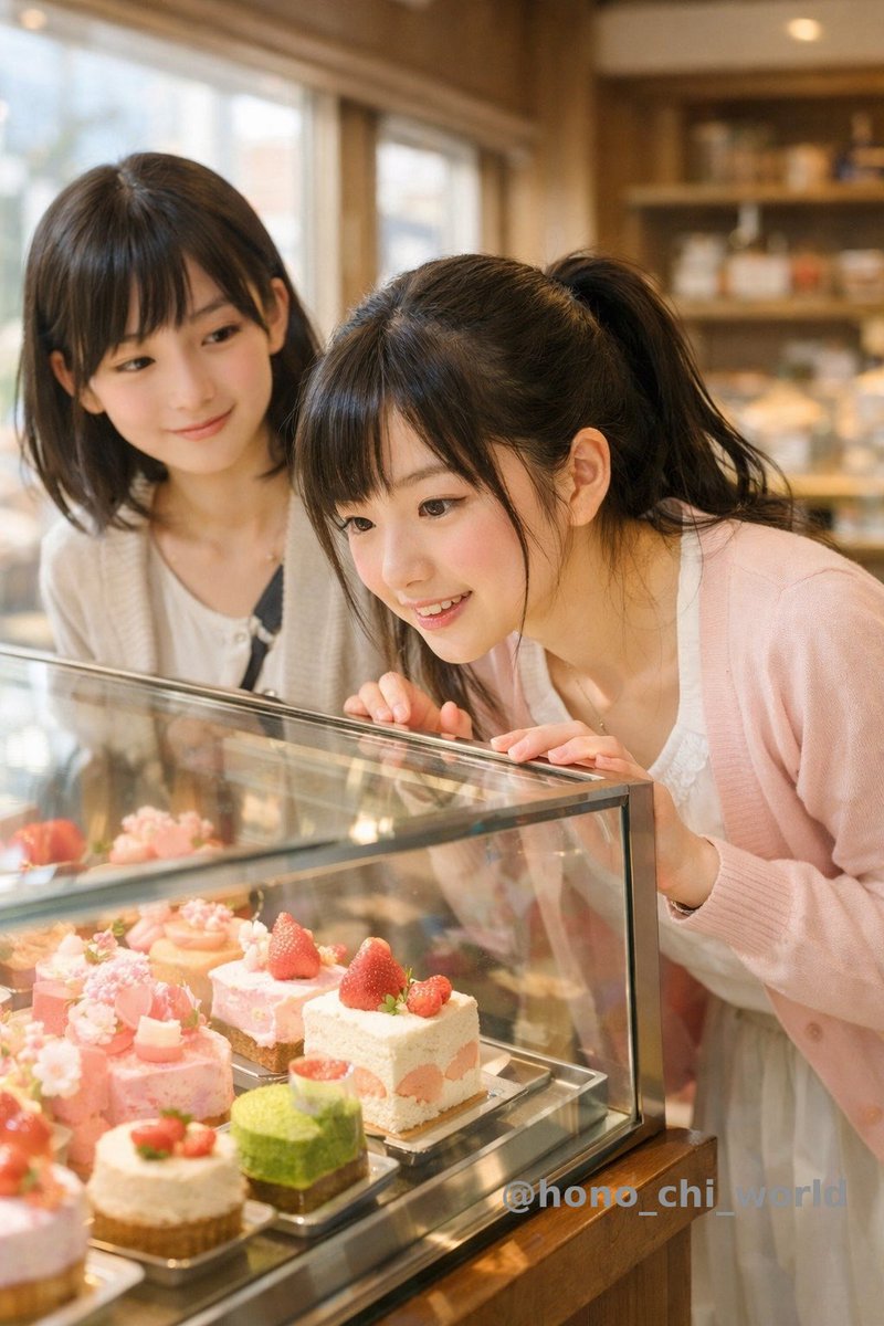 hono_chi_world's tweet photo. 【ほのちー・春のごほうび】🌸✨
ー ショーケースの前で🍰 ー

春のやわらかい光の中
ふたり立ち止まる

「ねぇちーちゃん…
これ全部春じゃない？🥺」
「うん☺️
選ぶ時間が一番楽しいんだよ🍓」

どれも“今だけ”みたいで
まだ決めてない
この時間が一番幸せ🌸

#ほのちー #春のひととき #AI協働アート https://t.co/cC6X4In1aU