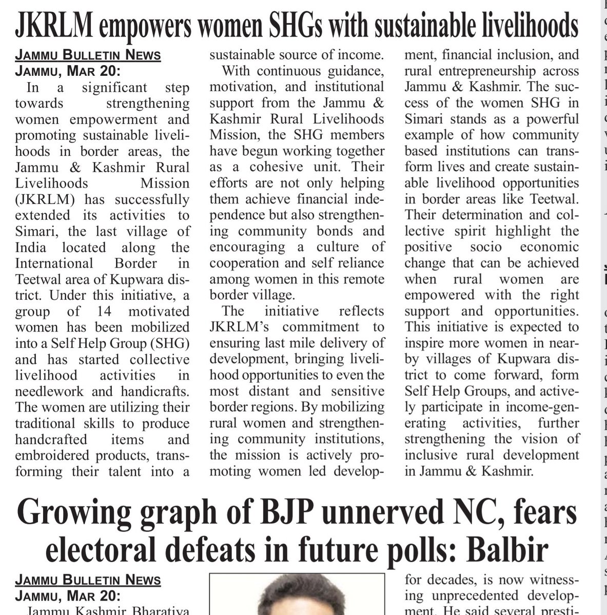 NRLMTEETWAL's tweet photo. Transforming Border Lives: JKRLM Empowers Women SHGs with Sustainable Livelihoods in Teetwal’s Last Village. Empower a woman, and you empower a community.
@PMOIndia 
@MoRD_GoI 
@OfficeOfLGJandK 
@CM_JnK 
@AsadamAijaz 
@dckupwara 
@JK_NRLM 
@diprjk 
@ROUBLENAGI https://t.co/xLOpOYqIte