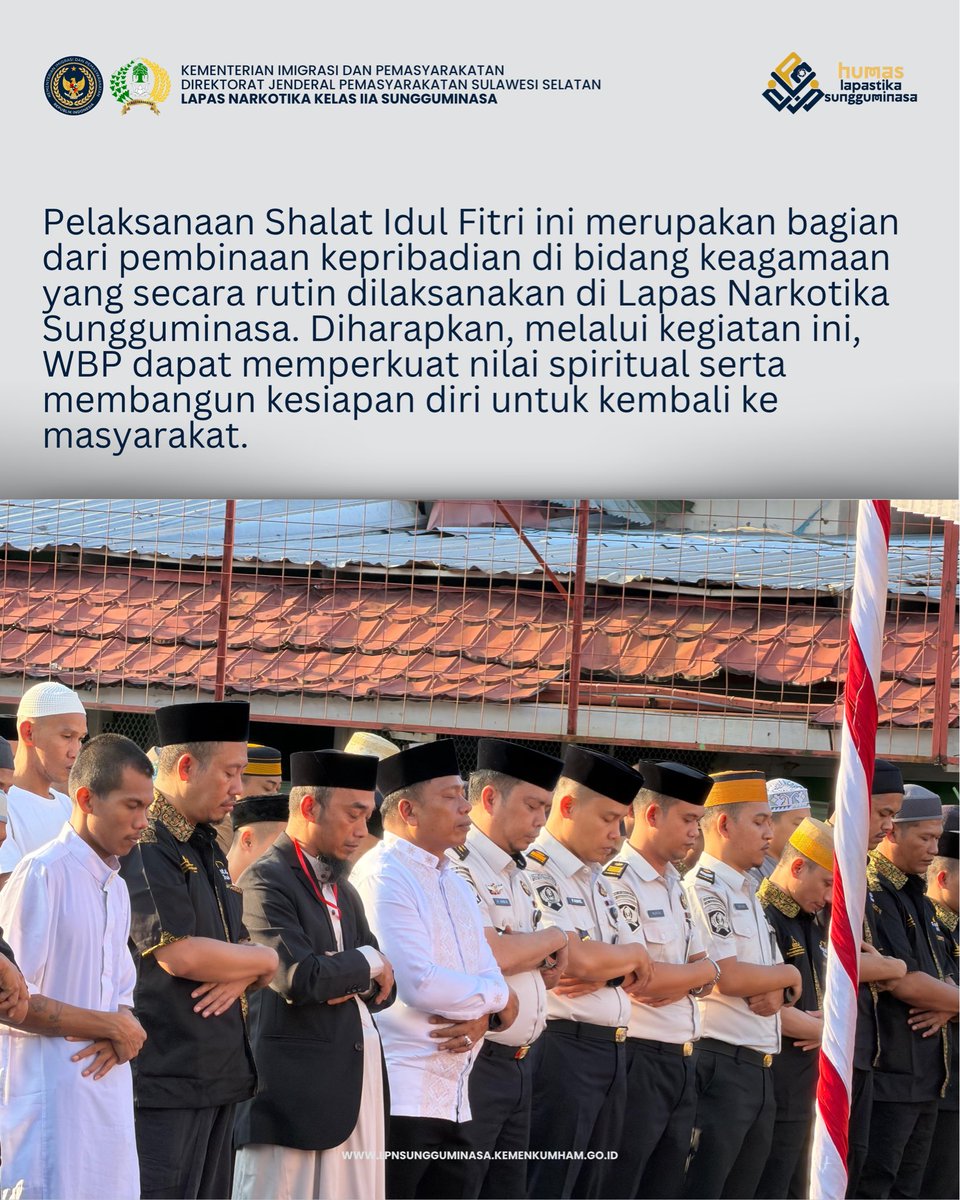 lpnsungguminasa's tweet image. Shalat Idul Fitri 1447 H/2026 M di Lapas Narkotika Sungguminasa Berjalan Khidmat

#kemenimipas
#guardandguide
#ditjenpas
#pemasyarakatan
#pemasyarakatansulsel