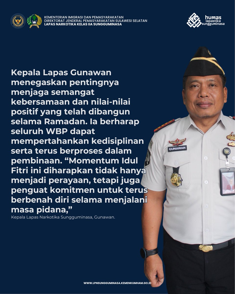 lpnsungguminasa's tweet image. Shalat Idul Fitri 1447 H/2026 M di Lapas Narkotika Sungguminasa Berjalan Khidmat

#kemenimipas
#guardandguide
#ditjenpas
#pemasyarakatan
#pemasyarakatansulsel