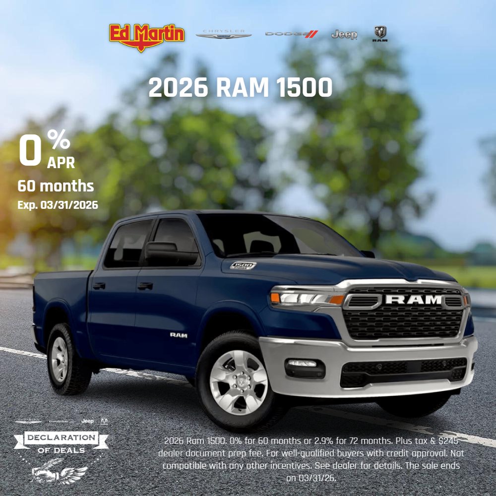 🚗✨ Drive Home Happy in March at Ed Martin CDJR in a new Ram truck! ✨🚗
👉 Check out all our current specials here: edmartincdjr.com/newspecials.ht…
#DriveHomeHappy #RamNation #Ram1500 #RamTrucks