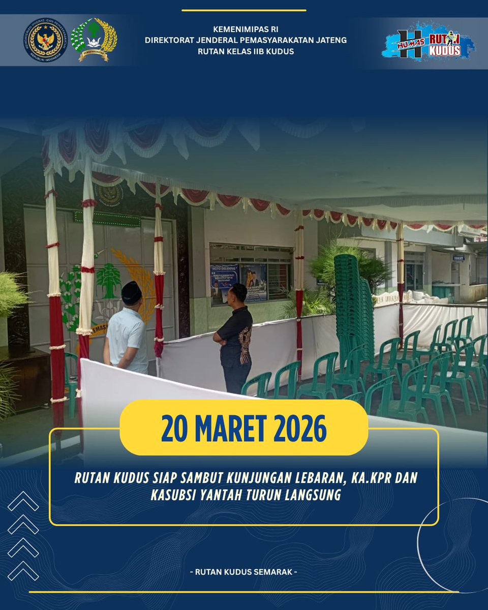 rutankudus's tweet image. RUTAN KUDUS SIAP SAMBUT KUNJUNGAN LEBARAN, KA.KPR DAN KASUBSI YANTAH TURUN LANGSUNG

Baca selengkapnya...
instagram.com/p/DWISLo3EUNG/…

#kemenimipas
#guardandguide
#ditjenpas
#pemasyarakatan
#kanwilditjenpasjateng