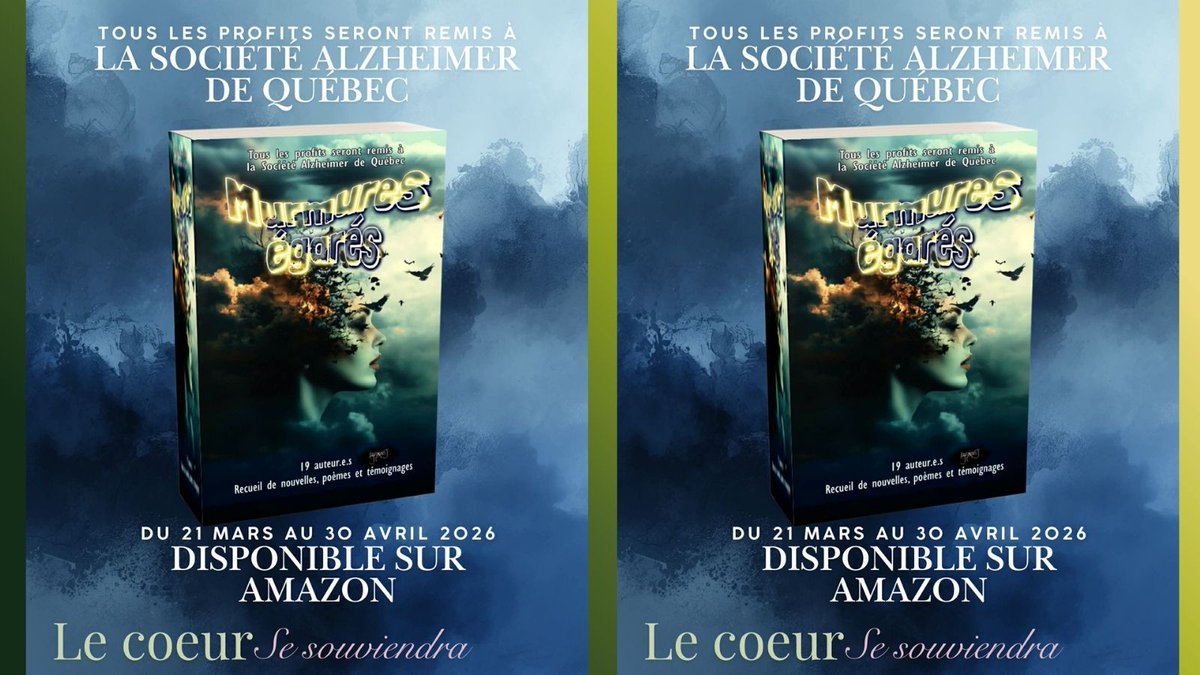 Murmures égarés est maintenant disponible.
Recueil de nouvelles réunissant 19 auteurs. 
J'y signe Rose et les souvenirs écarlates
Tous les profits sont remis à la Société Alzheimer de Québec.
Disponible 1 mois seulement. 
👉 shorturl.at/fAOBx
#MurmuresÉgarés #AlzheimerQC