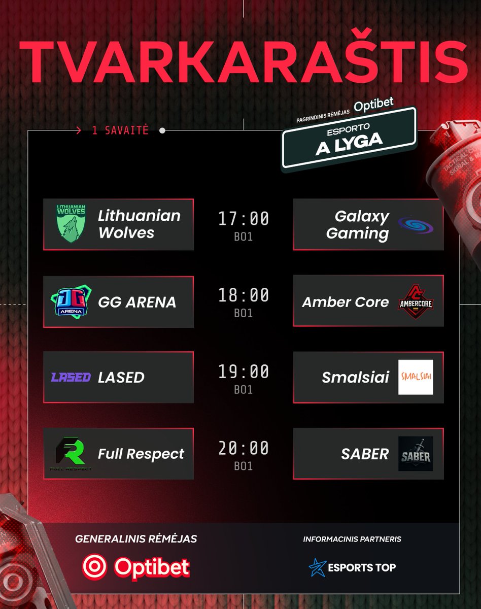 esportolyga's tweet photo. 🟢 Jau rytoj – pirmosios trečiojo „A Lygos“ sezono kovos!

17:00 @LithuanianWLVS 𝘷𝘴 @GalaxyGamingGG
18:00 @GGArenaesports 𝘷𝘴 #AmberCore
19:00 #LASED 𝘷𝘴 #Smalsiai
20:00 #FullRespect 𝘷𝘴 #SABER

🎥 Stebėk kovas mūsų Twitch kanale: https://t.co/Y8pQCbh24o https://t.co/HUGQWtPi7h