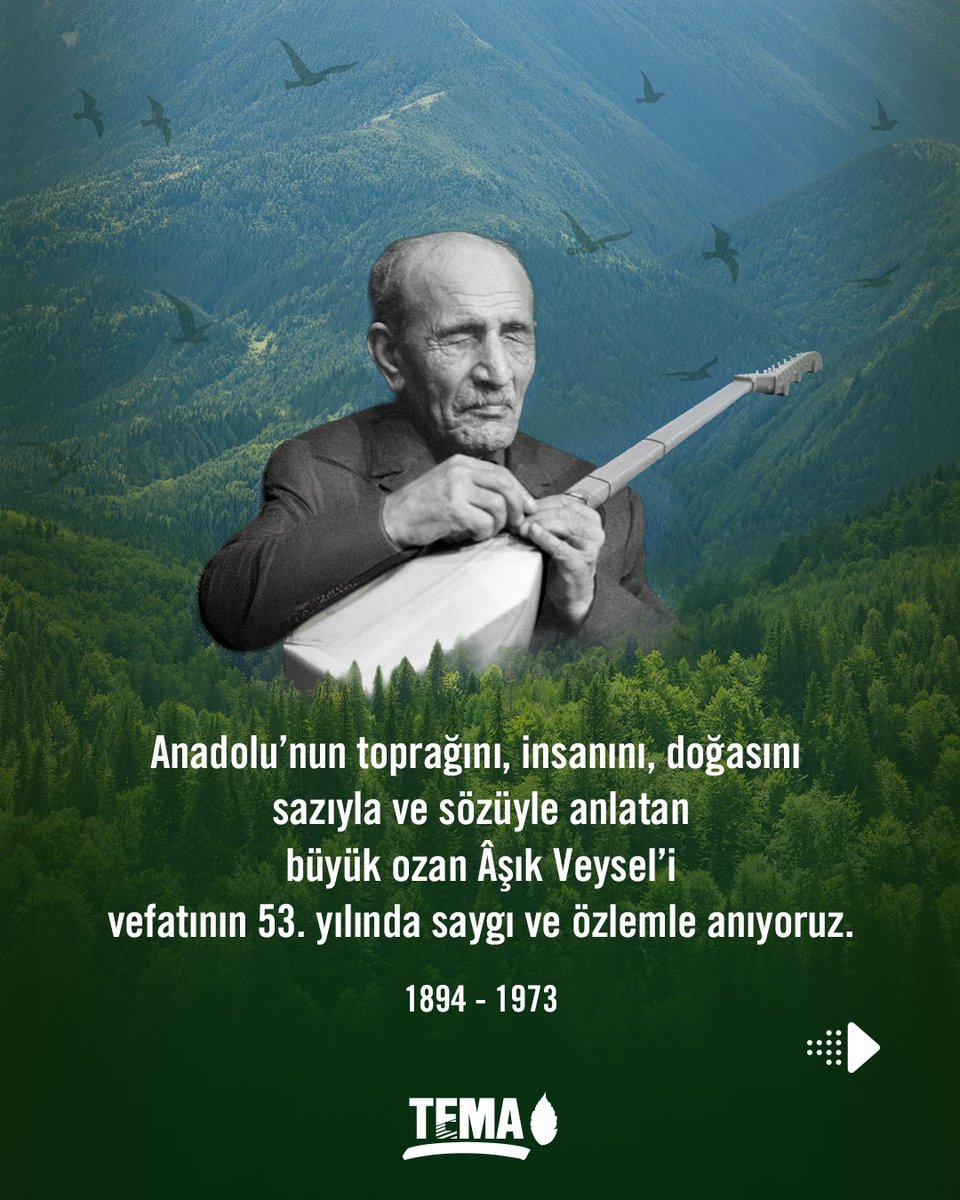 temavakfi's tweet photo. Anadolu’nun toprağını, insanını, doğasını sazıyla ve sözüyle anlatan büyük ozan Âşık Veysel’i vefatının 53. yılında saygı ve özlemle anıyoruz.

Toprağın yaşamımızdaki önemini her zaman vurgulayan, birçok şiirinde toprak ve doğa sevgisini anlatan, birlik ve beraberliğin değerini hepimize hatırlatan Âşık Veysel’in anısına, bağışçılarımızın katkılarıyla doğum yeri olan Sivas’ın Sivrialan Köyü’nde 3.661 fidanla oluşturulan Âşık Veysel Hatıra Ormanı, doğaya ve geleceğe bırakılan en anlamlı miraslardan biri oldu.

#AşıkVeysel