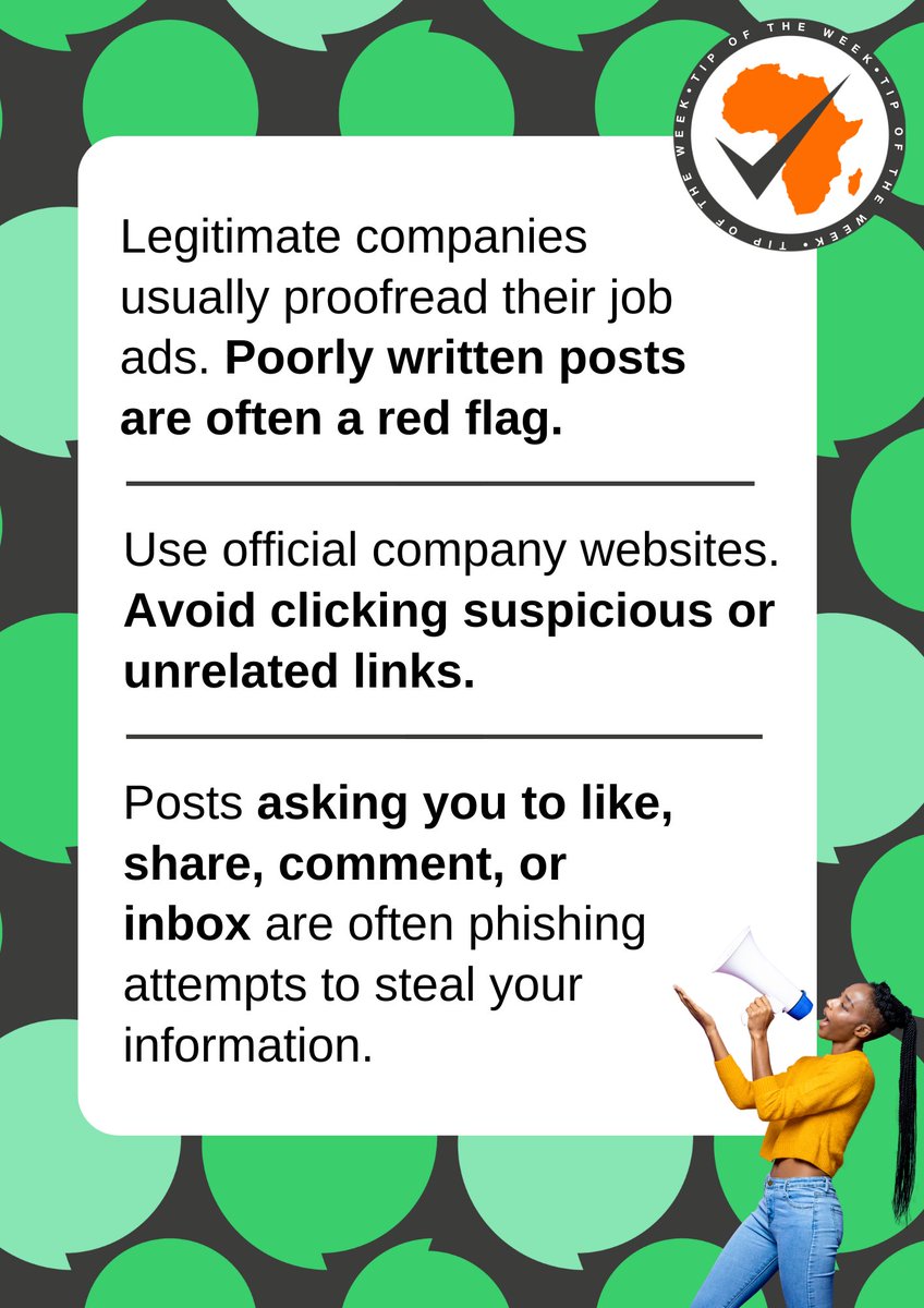 AfricaCheck's tweet image. Looking for work? Scammers are trying to trick job seekers with fake posts. Watch out for:
❌ Poorly written posts
❌ Requests for money
❌ Links to suspicious websites
❌ Posts that ask you to like, share or inbox

#fakejobads #scams #medialiteracy
