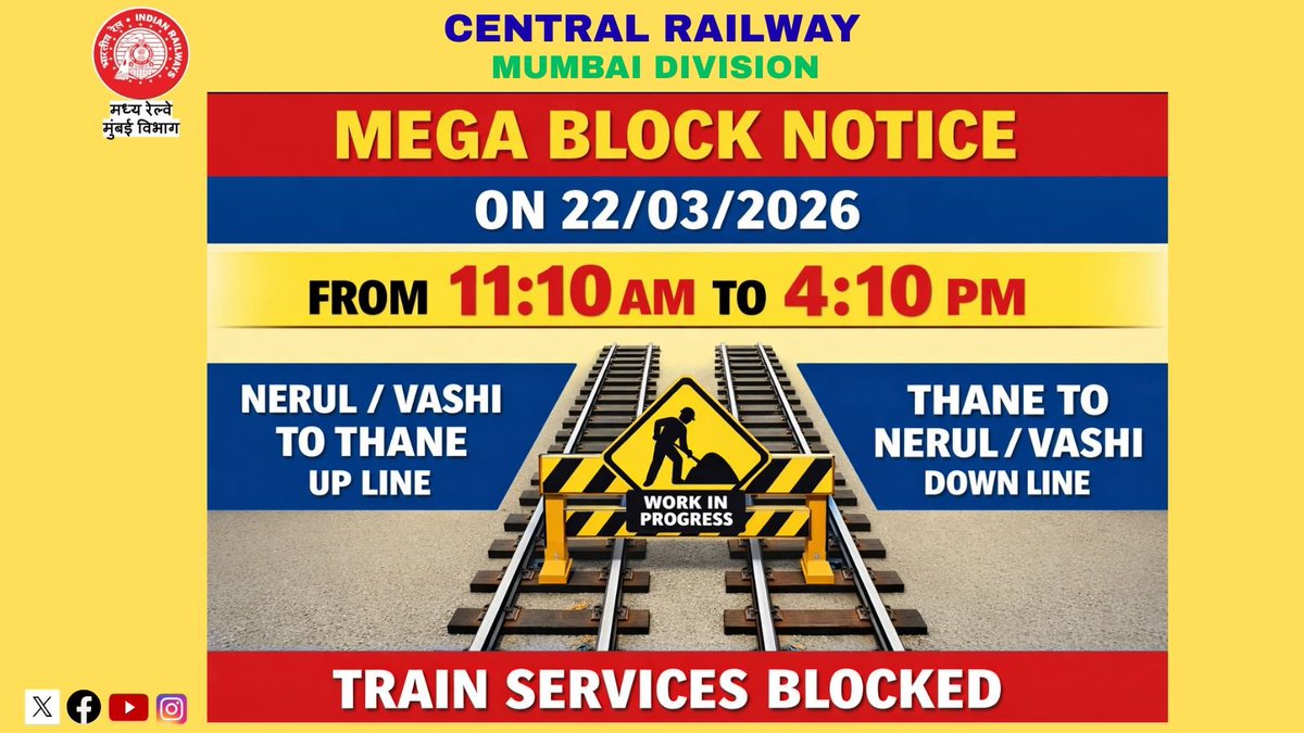 drmmumbaicr's tweet photo. #MEGA_BLOCK ON DATE 22/03/2026 (#SUNDAY) - FROM 11:10 AM TO 4:10 PM
@Central_Railway @YatriRailways