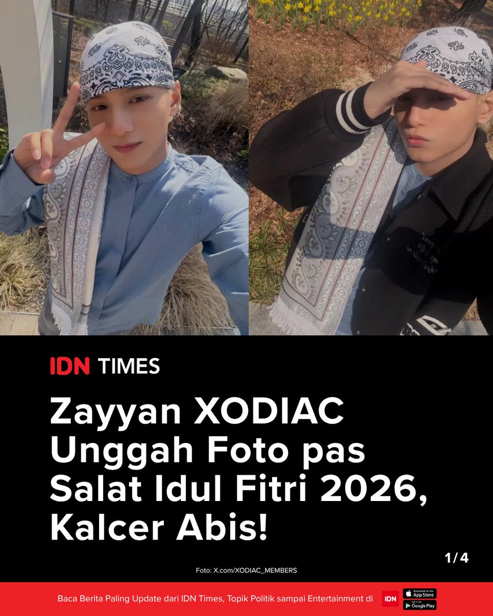 IDNTimesKorea's tweet photo. Zayyan dari XODIAC membagikan momen Idul Fitri 2026 dari Korea Selatan lewat akun X @XODIAC_MEMBERS pada Sabtu (21/3), dengan mengunggah ucapan Lebaran dalam bahasa Inggris dan Indonesia sekaligus dua foto dirinya saat momen salat Id.

#WaktunyaKorea 

https://t.co/FlKb6TveE6 https://t.co/iNeoTrFSh0
