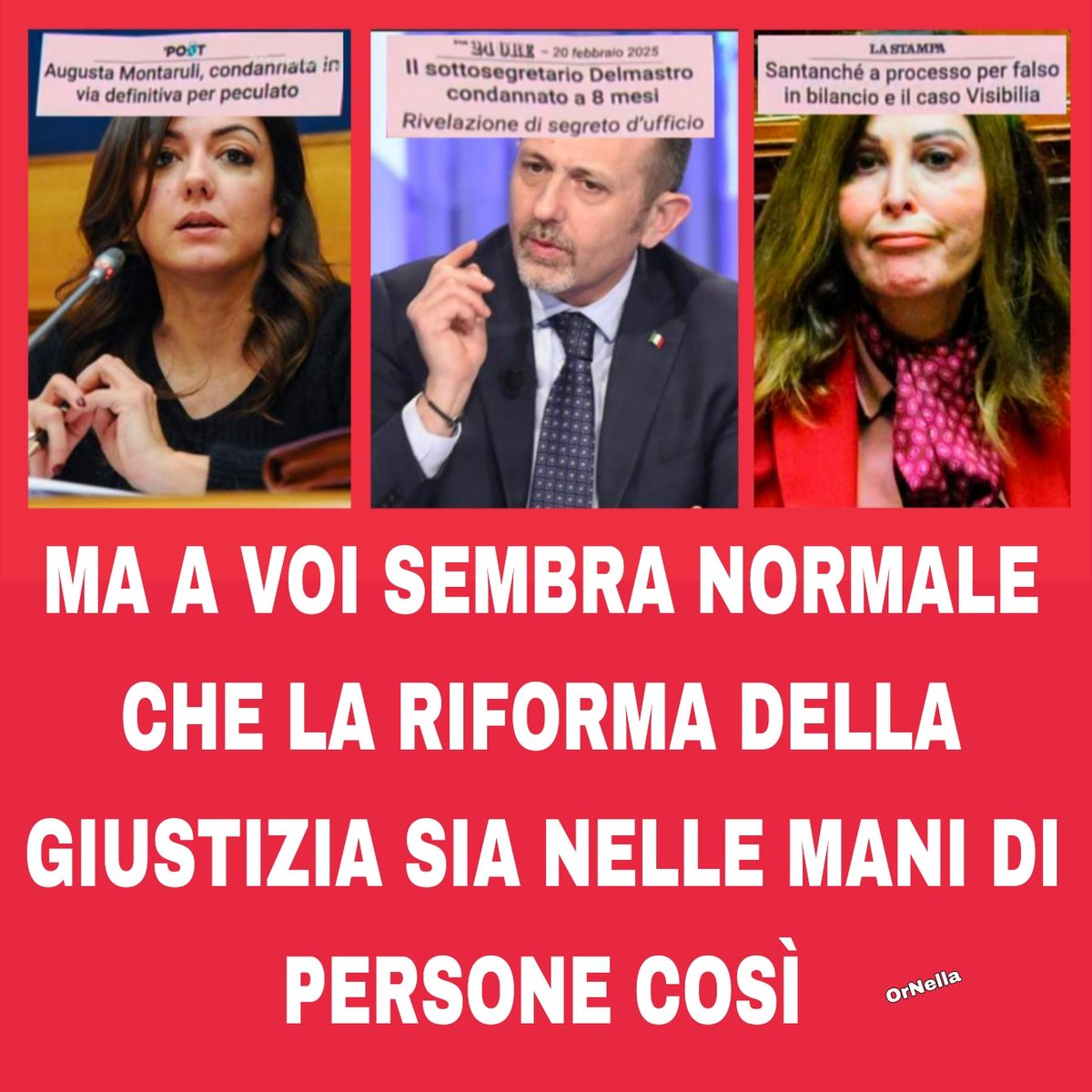OrNella645587's tweet photo. Montaruli commissaria vigilanza rai condannata
Delmastro sottosegretario alla Giustizia condannato
Santanchè ministro del Turismo rinviata a giudizio
Poi ci sarebbe la lista infinita di indagati
Ma è normale che la #RiformaDellaGiustizia sia nelle mani di persone così?

#IoVotoNo https://t.co/vB3uaBZf04