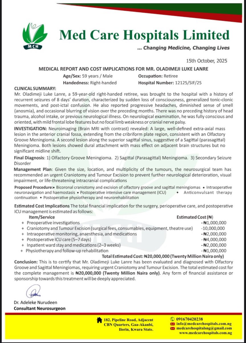 Day 147 of seeking financial support for my friend, <a href="/Treasure190/">Oladimeji Abigeal</a>'s father, who is currently battling a brain tumor.

If everyone who comes across this post helps donate ₦1000, it would make a difference toward his surgery.

1864589153
Access Bank
Luke Lanre Oladimeji

<a href="/Wizarab10/">Sir Dickson</a>