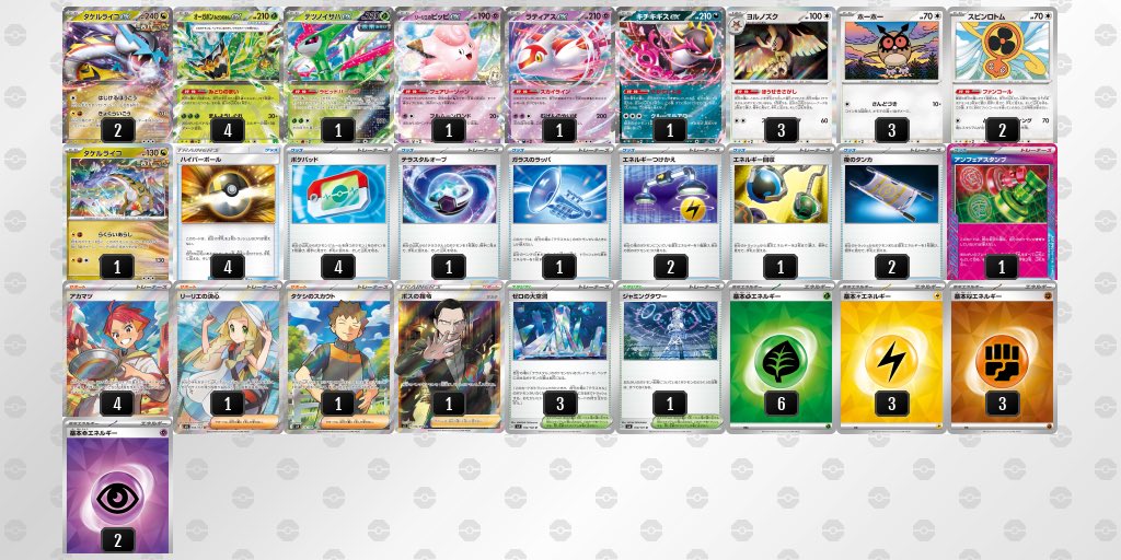 ふぃーるど杯
使用 タケルライコex

メガゲッコウガex ⭕️
メガゲッコウガex ⭕️
ドラパルトex ⭕️
オリーヴァ ❌
ドラパルトex ❌
メガゲッコウガex ⭕️

4-2で滅

負けたけどこのデッキ楽しい！
サブイベ5-0で10p開けたけどなんも出ませんでした…

8c4Gx4-qEhOgp-4Dc8xx