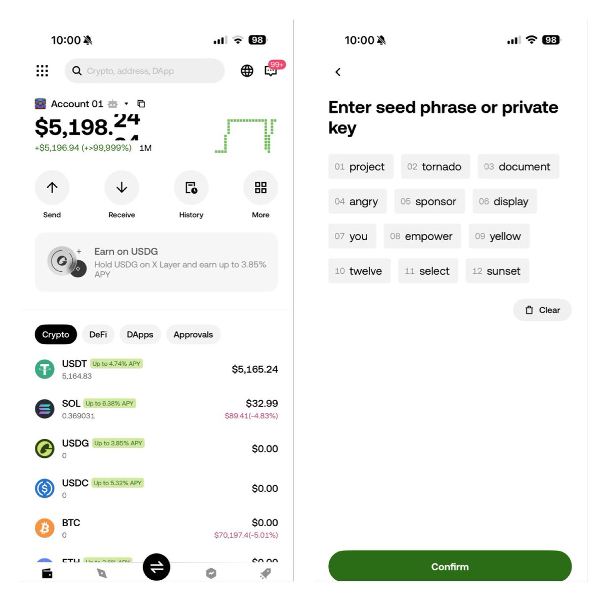 CryptoJulia1992's tweet photo. i got these 5150usdt on metamask wallet and trying to move it but showing this also i have 12 seed phrase:((project tornado document angry sponsor display you empower yellow twelve select sunset ))what is the next move?? #crypto #freeusdt #binance     #okex #metamask https://t.co/mse22hiR5F