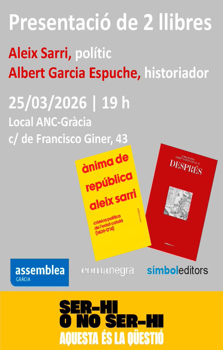 📢 Avui dissabte 21 serem al carrer
☀️ Amb la primavera i el solet, muntarem parada
📍al carrer Gran cantonada Travessera de Gràcia
🕚 d'11 a 14h

☝🏼I dimecres 25
serem al nostre local a la
📚 presentació dels dos llibres
d'Aleix Sarri i
d' Albert Garcia Espuche

🫵🏼T'hi esperem❗️