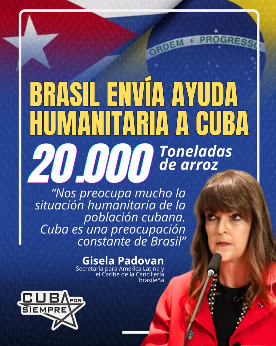 🇧🇷🇨🇺El mayor agradecimiento al pueblo y gobierno de Brasil por el envío a Cuba de una ayuda humanitaria consistente en 20 mil 800 toneladas de alimentos y un lote de medicamentos esenciales. Gracias Brasil.