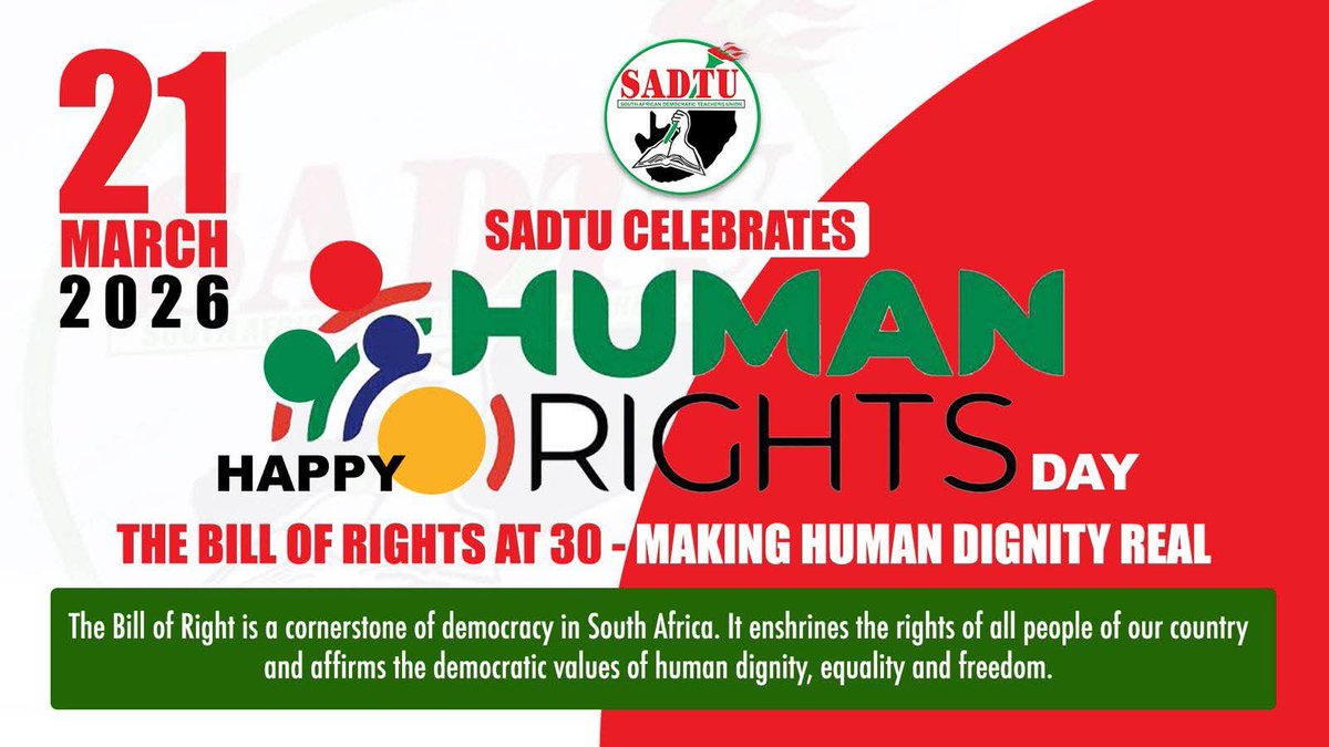 _cosatu's tweet image. #SADTU joins the country in commemorating #HumanRightsDay, under the theme: “Bill of Rights at 30: Making Human Rights Dignity
Real.” 
@Newzroom405 @eNCA @Face_theNation @ewnreporter @Powerfm987 @jozifm