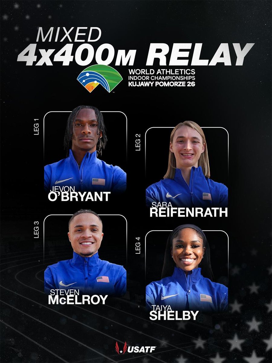 usatf's tweet photo. This is who’s taking the baton 🇺🇸👀

Meet the mixed relay squad.

#TeamUSATF | #WorldIndoorChamps https://t.co/TQ9a96rayE
