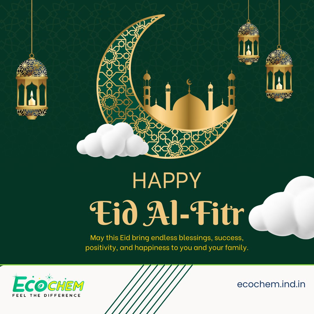 ecochemindia's tweet photo. Eid Mubarak! Wishing you peace, joy &amp; prosperity 🌙✨
.
.
#SustainableEid #EcoFriendlyLiving #GreenCelebration #CleanLiving #EcoConscious #GoGreen #Sustainability #EcoLifestyle #GreenFuture #Ecochem https://t.co/kFyQ4ea5dg