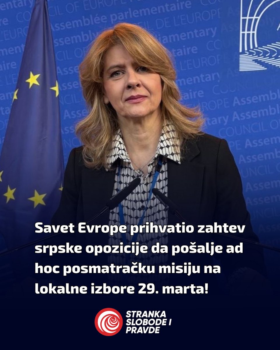 Savet Evrope je prihvatio zahteve srpske opozicije koje smo izneli više puta i poslaće ad hoc posmatračku misiju za predstojeće lokalne izbore koji se održavaju 29. marta u 10 gradova i opština širom Srbije, izjavila je Tatjana Pašić, poslanica Stranke slobode i pravde i
