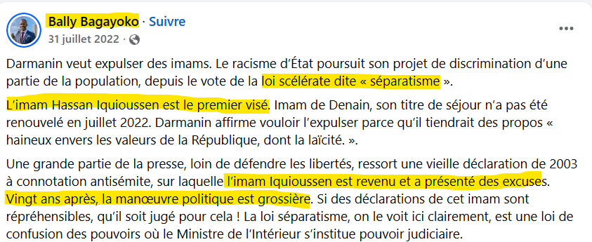 Quand Bally Bagayoko (nouveau maire de Saint Denis) s'opposait à l'expulsion d'Hassan Iquioussen. 
Il excusait presque les déclaration antisémites de l'Imam.