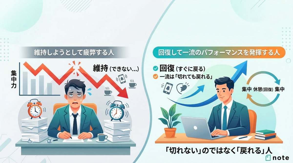 ThanksDailylife's tweet photo. 集中が切れるのは脳の仕様。防ぐより「戻す技術」を磨く方が正解。
①気づく　
②呼吸・視覚・体性感覚でリセット　
③行動目標に戻る

一流は"切れない人"じゃなく"戻れる人"。
詳しくはnoteへ👇
https://t.co/5GUTolajAu 

＃集中力革命 https://t.co/JCfbm7qXL5