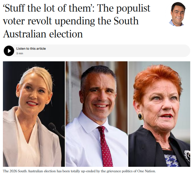 TimjboAU's tweet photo. ‘Stuff the lot of them’ vote poised to upend the South Australian election
https://t.co/hdasasjk25
Fuelled by fury over housing and living costs, Saturday’s massive protest vote will be a national lesson for all sides.
#SApoll auspol https://t.co/oWRNg9DNl9