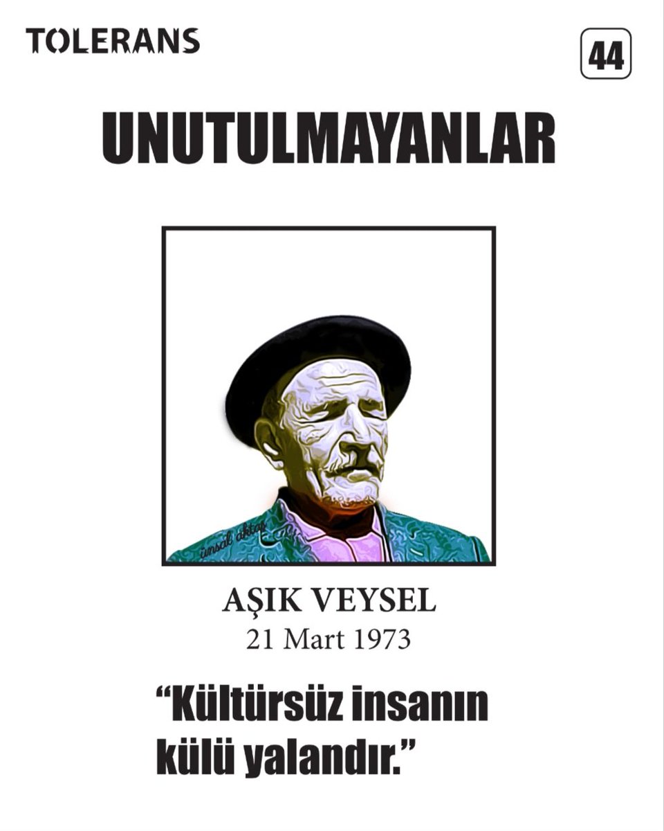 toleransdergi.blogspot.com/2026/02/tolera…

"Kültürsüz insanın külü yalandır."
AŞIK VEYSEL
21 Mart 1973
Saygı ve özlemle

#aşıkveysel #toleransdergi #kültür #sanat #edebiyat