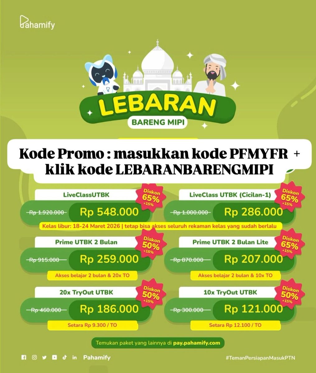 Libur Lebaran = ada waktu kosong yg bisa kamu manfaatin.

Siapa yg mulai belajar pas orang lain santai biasanya punya hasil beda.

Coba mulai dari TO UTBK di Pahamify , lagi diskon banget sekarang 👀

Pahamify mify mipy mipi #snbt #utbk #snbp #thr #lebaran #ptn #studytwt