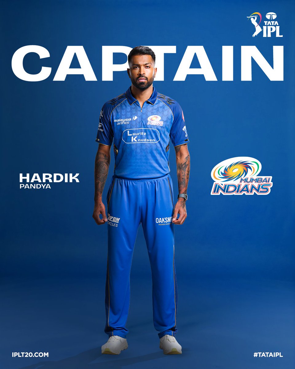 IPL's tweet photo. Leading the charge for 5⃣-time #TATAIPL Champions is Captain Hardik Pandya 🏆

@mipaltan fans, how excited are you for the new season? 💙

@hardikpandya7 https://t.co/qVFxWYjhsJ