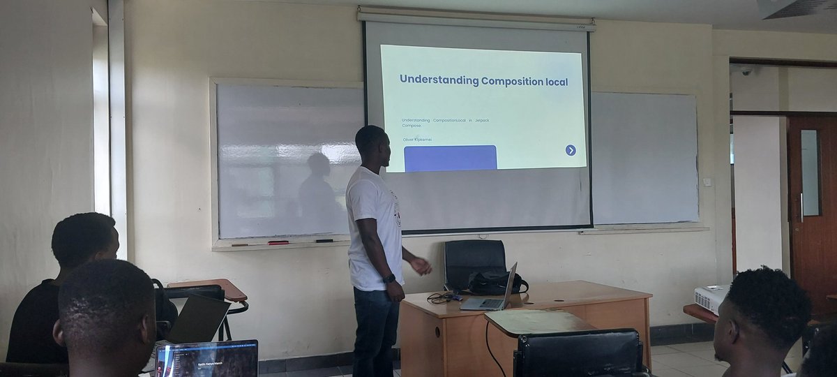 kotlinkenya's tweet photo. 🎤 @OllieKem7 is on stage!

We’re diving into *Composition Local in Jetpack Compose &amp; CMP* — exploring how to manage and propagate UI dependencies cleanly without passing them through every composable 🔥

#Android254 #KotlinKenya #JetpackCompose #AndroidDev https://t.co/aUlUwKTR7a