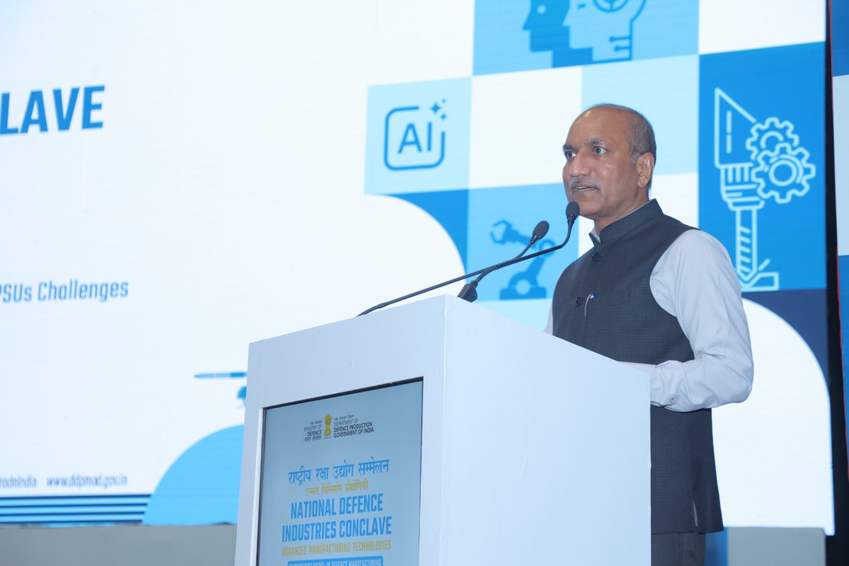 DefProdnIndia's tweet photo. "With 27 sessions across two days including 9 focused on advanced manufacturing with global and Indian experts, 13 industry-led sessions by DPSUs and private sector, and 5 sessions on regulatory processes the conclave aims to strengthen MSME participation across design, innovation, and supply chains."

During the National Defence Industries Conclave (#NDIC2026), under the theme “Advanced Manufacturing Technologies,” Secretary (Defence Production) Shri Sanjeev Kumar emphasised the shift from conventional development models to design-led collaboration with young innovators and #MSMEs.

 #MSMEs #AatmanirbharBharat #MakeInIndia #DDP #AatmanirbharDefence