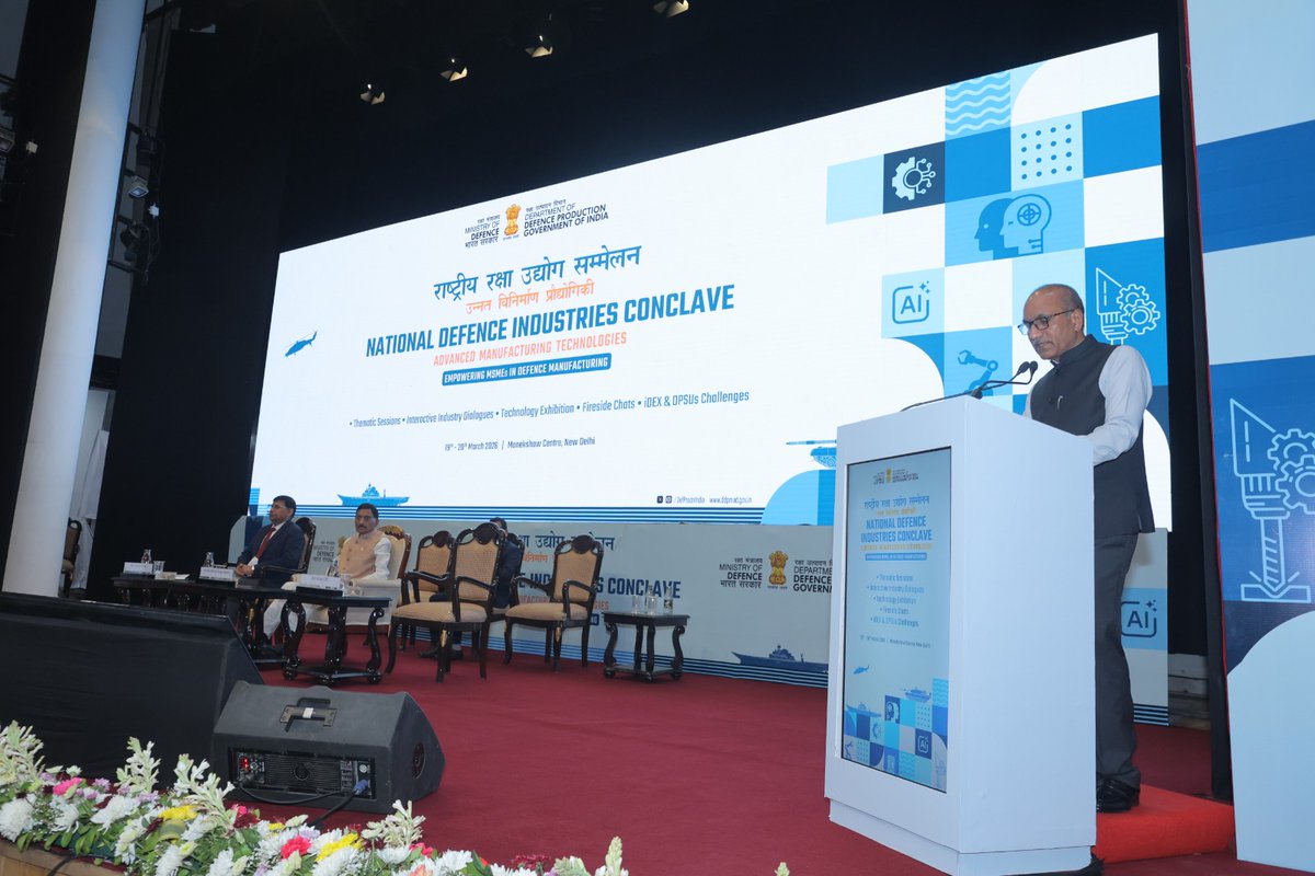 DefProdnIndia's tweet photo. "With 27 sessions across two days including 9 focused on advanced manufacturing with global and Indian experts, 13 industry-led sessions by DPSUs and private sector, and 5 sessions on regulatory processes the conclave aims to strengthen MSME participation across design, innovation, and supply chains."

During the National Defence Industries Conclave (#NDIC2026), under the theme “Advanced Manufacturing Technologies,” Secretary (Defence Production) Shri Sanjeev Kumar emphasised the shift from conventional development models to design-led collaboration with young innovators and #MSMEs.

 #MSMEs #AatmanirbharBharat #MakeInIndia #DDP #AatmanirbharDefence