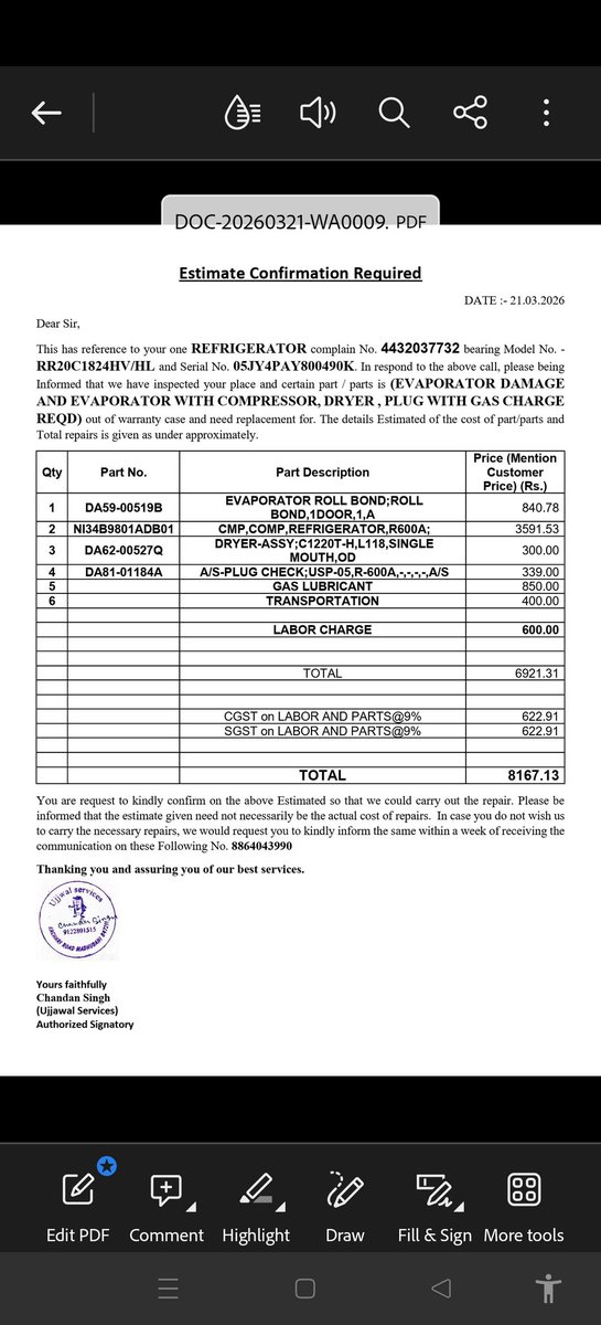 Siddhika0303's tweet photo. Bought a fridge 6 months ago (~₹15,000). Now faulty, and repair estimate is ₹8,200 😡

Unacceptable for a nearly new product. Requesting @SamsungIndia to urgently look into this. Invoice &amp; estimate available.

#Samsung #CustomerService https://t.co/NBk4U6KnLP