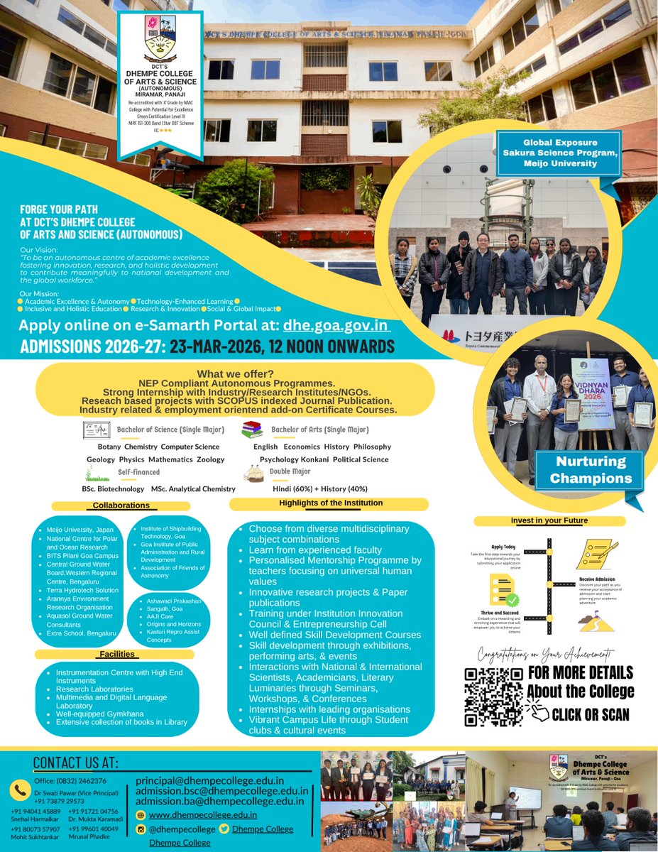 Begin your journey under Autonomy with Programmes redesigned to match emerging opportunities, employability &amp; needs of today’s world.

Join DCTs Dhempe College of Arts &amp; Science (AUTONOMOUS)