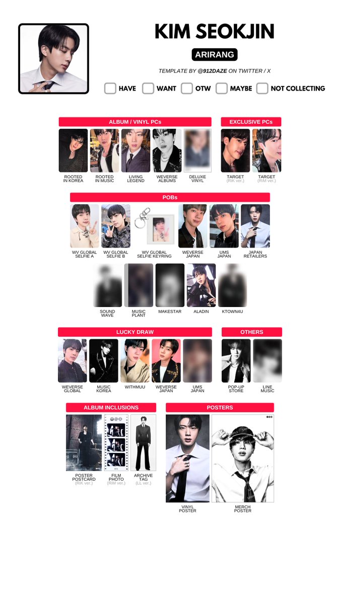 BTS THE 5TH ALBUM PC PHOTOCARD WISHLIST WL TEMPLATES ✨

⭐️ BTS ARIRANG Member Template ⛵️

[UPDATED]
+ Revealed POBs &amp; LDs

🤍 방탄 아리랑 포카 드볼표
🤍 防彈少年團 小卡 合集 特典
🤍 バンタン トレカ 一覧表