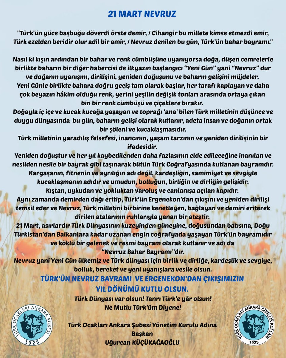 TÜRK'ÜN NEVRUZ BAYRAMI ve ERGENEKON’DAN ÇIKIŞIMIZIN YIL DÖNÜMÜ kutlu olsun.
Türk Dünyası var olsun!
Tanrı Türk’e yâr olsun!
Ne Mutlu Türk’üm Diyene!
🤘🇹🇷💐🧿