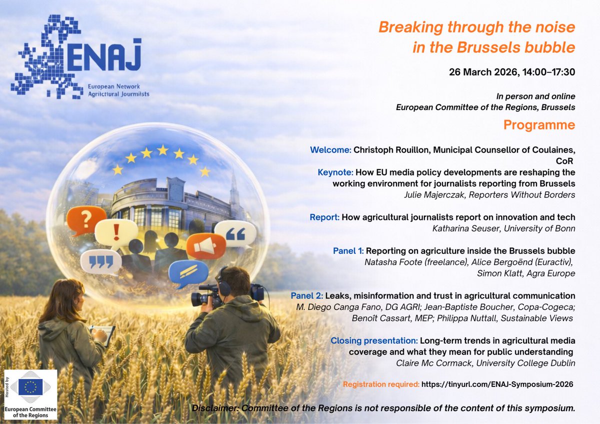 KLAUHAR's tweet photo. ’@ENAJ_tweets organizes symposium on agricultural journalism inside the Brussels bubble next thursday at the European Committee of the Regions. Register to follow the livesteam of #enajsymposium https://t.co/28N85hZZfK https://t.co/U6foD67IG8