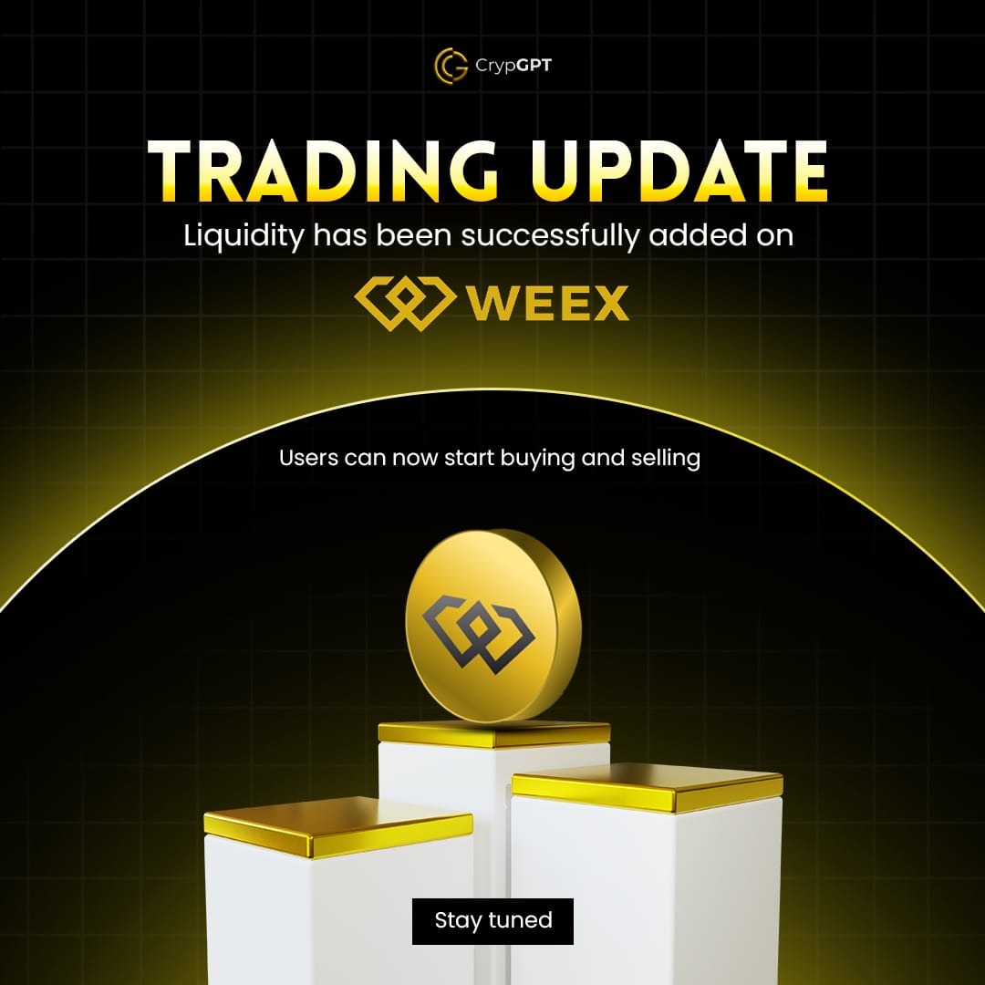 Trading is back on track.

CrypGPT is now live on WEEX —
buying &amp; selling has resumed.

More exchanges coming back soon, step by step.

Thank you for staying with us. 💛

#CrypGPT #weex  #CryptoUpdate #CryptoTrading #Blockchain #Web3 #CryptoCommunity #CryptoNews