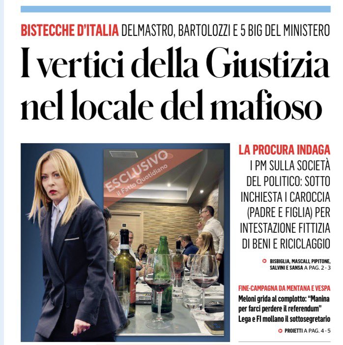 🔴IL NIPOTE DI MUBARAK

Quindi il sottosegretario alla Giustizia Andrea Delmastro Delle Vedove, piemontese di Biella e fedelissimo di Giorgia Meloni, conosce il mafioso romano Mauro Caroccia, all’epoca imputato per intestazione fittizia di beni con aggravante mafiosa in quanto