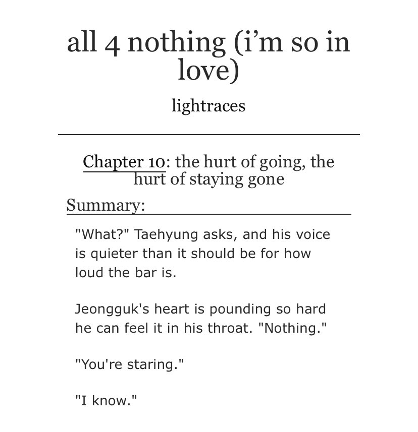 lightraces's tweet photo. #taekookau • all 4 nothing (i’m so in love)
↳ 113.1k | teen &amp; up | on-going 

updated!
    ch.10 — the hurt of going, the hurt of staying gone
    16.8k words

🖇️ https://t.co/8BSsX3FqyE https://t.co/aSxyvteNav