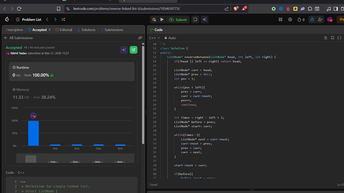 Solved <a href="/LeetCode/">LeetCode</a>  92. Reverse Linked List II✅