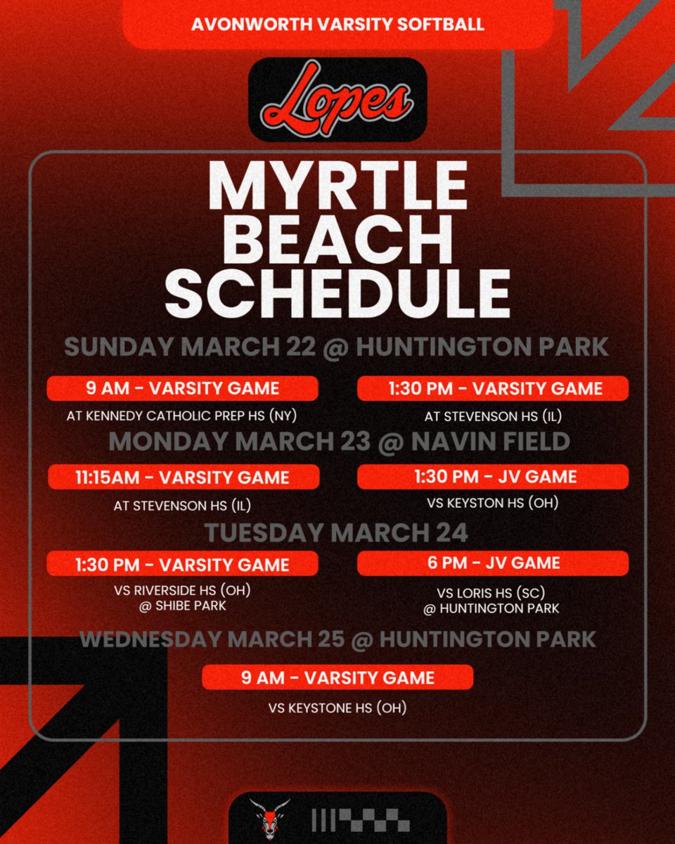 softball_AHS_'s tweet photo. The Avonworth Varsity Softball team heads to Myrtle Beach, South Carolina today to play 7 games in 4 days. If you can't be there with us you can catch our games on Game Changer at https://t.co/XlhImCH6Il. Go LOPES! https://t.co/VrtEJsNKdT