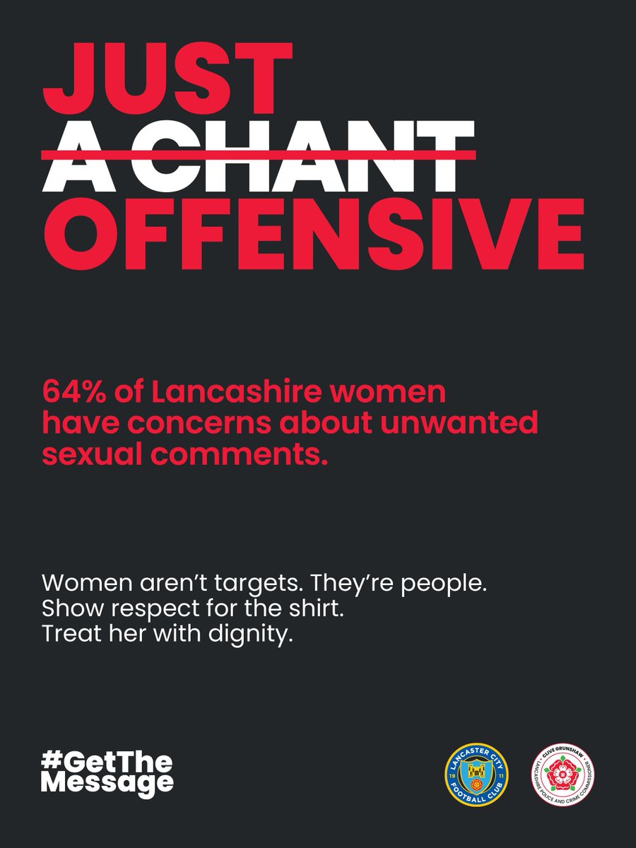 LancasterCityFC's tweet photo. Today at the Giant Axe, we're proud to dedicate this fixture to #GetTheMessage. A Lancashire survey of 4,800+ women and girls found 93% change their daily behaviour to avoid danger. We all have a role to play. Find out more: https://t.co/LEO2eZGEn8 https://t.co/baPBWTWYRt