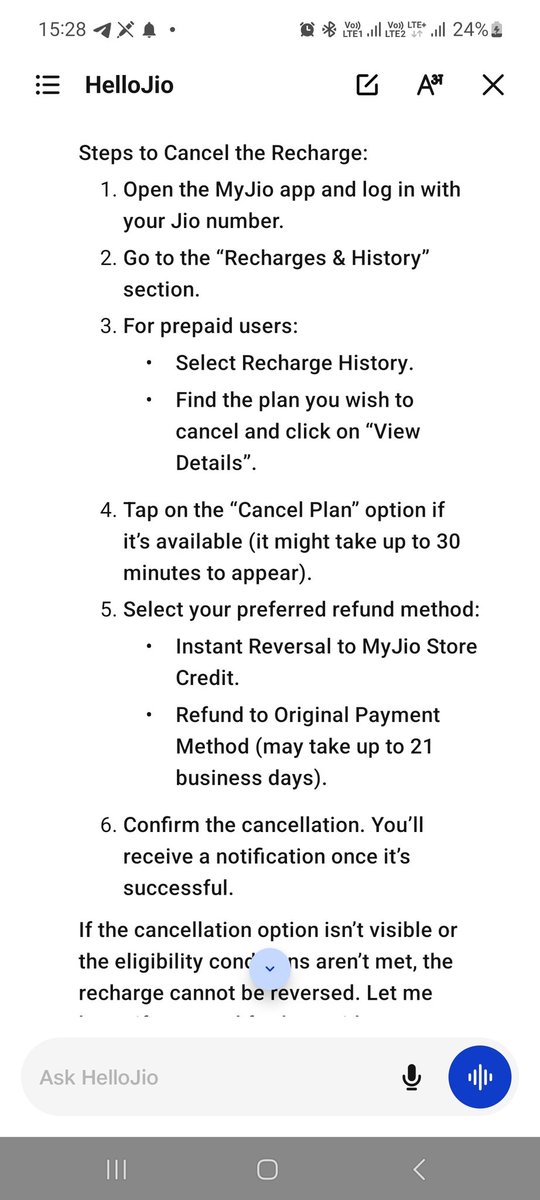 deepakjavin's tweet photo. @JioCare @reliancejio by mistake I have recharged for 1499 fiber plan instead of 999, now jiocare is saying there is no way to cancel and refund. However Jio assistant says it can be done
Also App always shows a higher plan to the existing users.pls help https://t.co/Y74ip9Ytdi