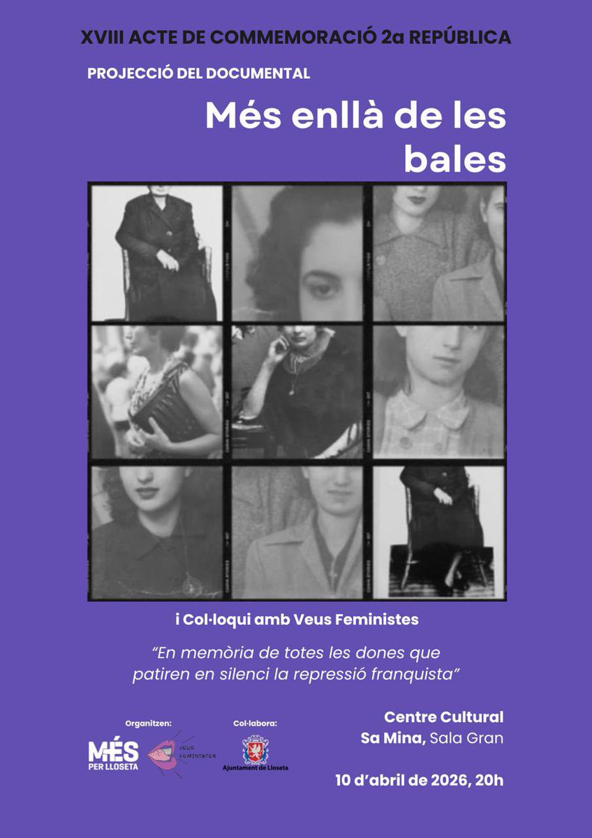 Enguany commemoram la 2a República donant a conèixer el patiment de les dones per les represàlies del franquisme. 
Comptarem amb la projecció del documental “Més enllà de les bales” de <a href="/veusfeministes/">VEUS FEMINISTES</a> de Porreres on donen veu a les dones silenciades pel franquisme. T’ho perdràs?