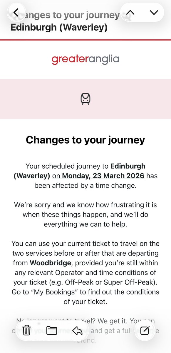 Cowie9's tweet photo. @greateranglia what does this mean please? Says a time change but no further info? https://t.co/8RxgEEpdbi