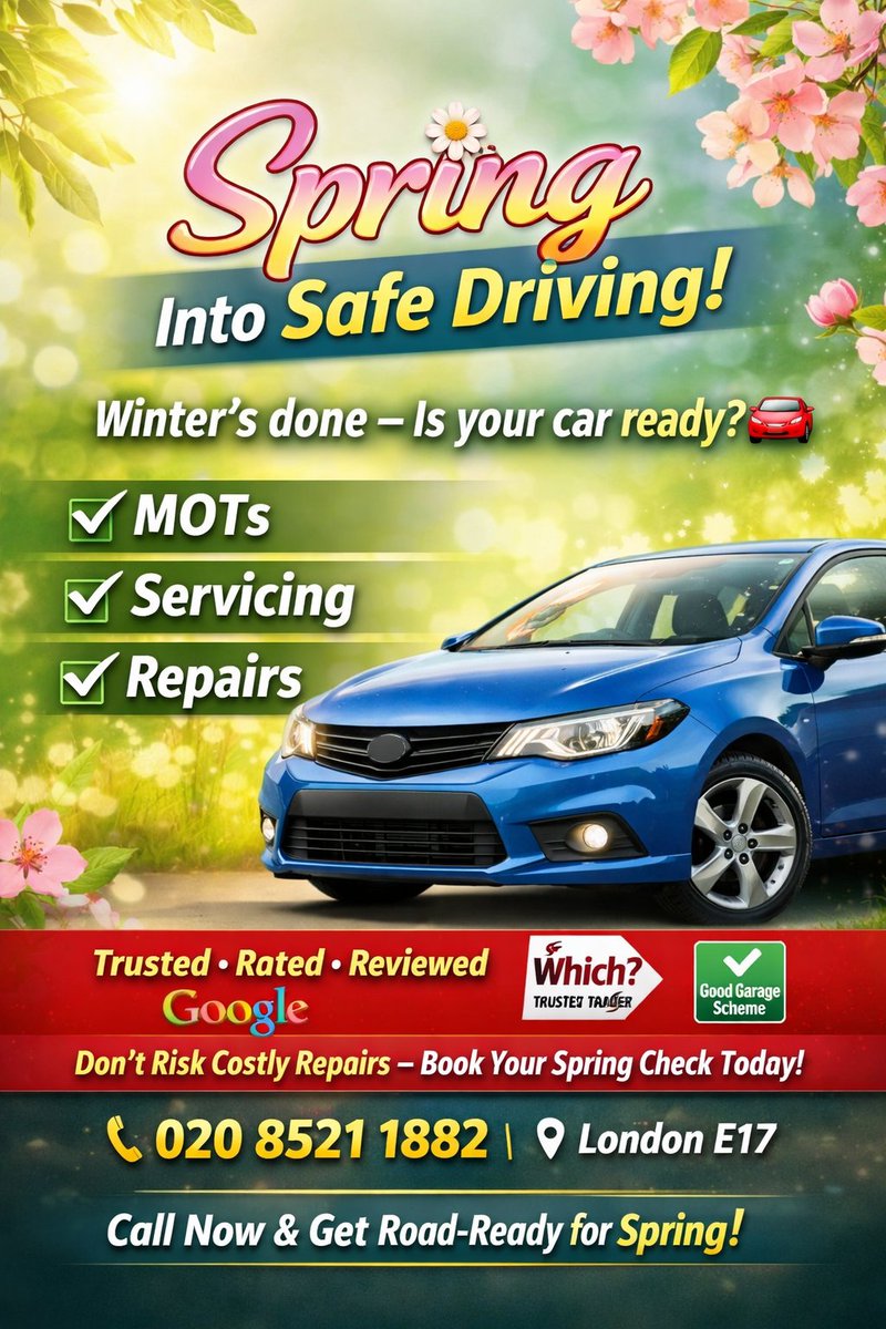 E17DrivingForce's tweet photo. 🌸 Spring Into Safe Driving! 🌸

Winter’s done — is your car ready? 🚗

Get your vehicle back in top shape with Driving Force London:

✔️ MOTs
✔️ Servicing
✔️ Repairs

⭐ Trusted, Rated &amp; Reviewed
⭐ Google • Which? • Good Garage Scheme
📍 London E17

Call today:📞020 8521 1882 https://t.co/o77eAjxGeh