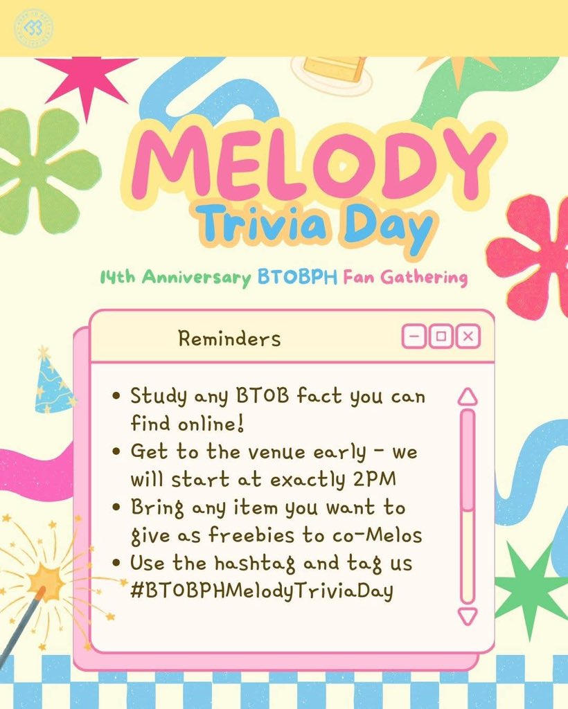 BTOBPH_'s tweet photo. Ready to have fun tomorrow?  🤭

Take note of our event reminders, Melody! 🫡

We can accommodate walk-ins, but no more freebie. 

🎟️ ₱275 (Entrance + Drink)

Payment will be collected at the cafe thru online payment. 

Kita kits, Melody! 💙

#BTOBPHMelodyTriviaDay https://t.co/gIcS6QmGOc