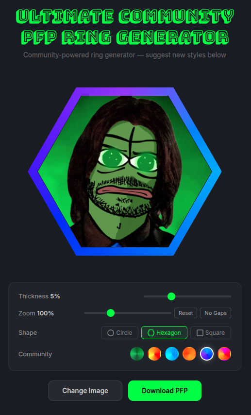 We started building a PFP Ring Generator for WICK community &amp; ended building the ultimate ring generator for everyone  

- zoom 
- thickness (with auto-zoom) 
- click drag 
- community gradients 
- different shapes 
- clear backgrounds  
- suggestion box  
pfp.wick.pics